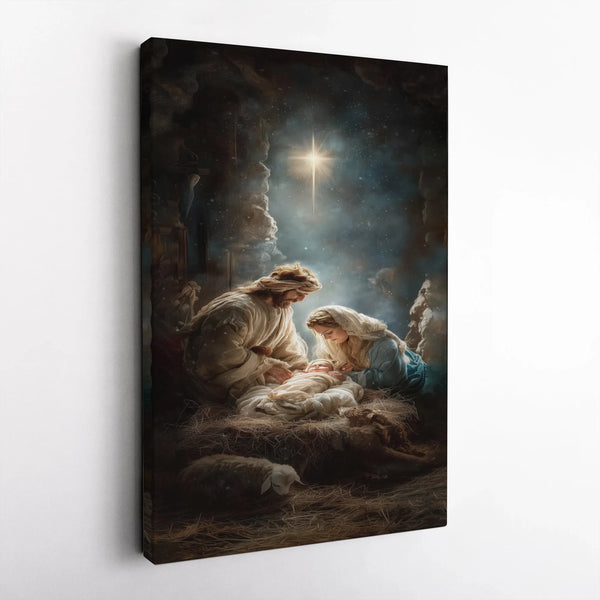 Holy Family Stable Canvas Print, Nativity Scene Canvas Wall Art, Christmas Nativity Religious Canvas Decor, Christian Holiday