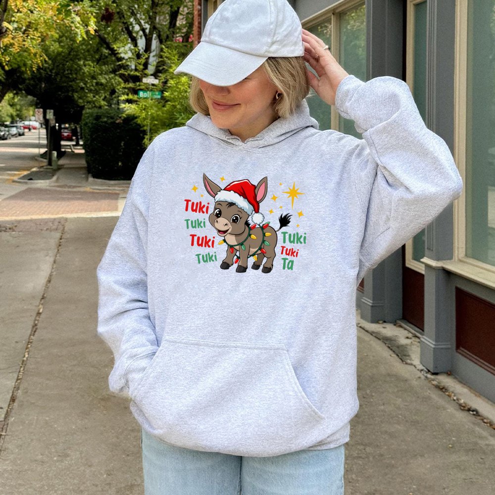 Adorable Santa Hat Burro Hoodie, Christmas Donkey Hoodie, Festive Animal Lover Hoodie, Humorous Holiday Graphic Hooded Sweats