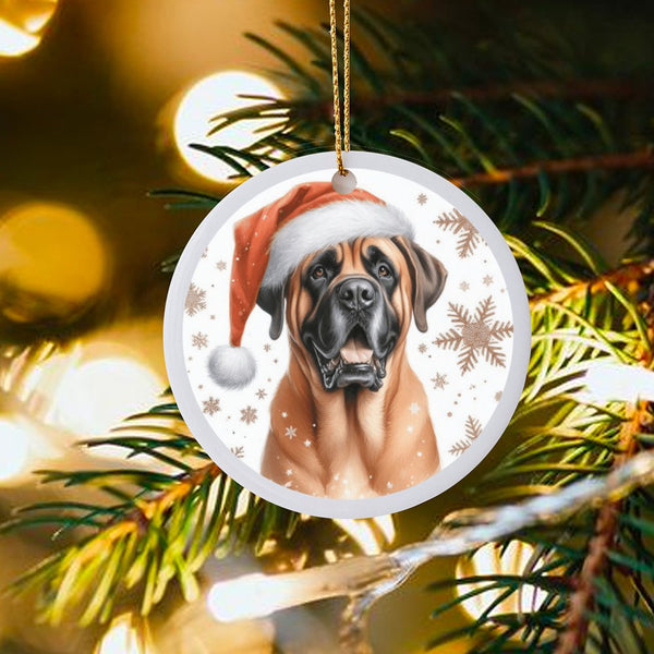 Santa Hat Bullmastiff Christmas Ornament, Bullmastiff Dog Ceramic Ornament, Adorable Pet Lover Holiday Decor, Festive Tree Ke