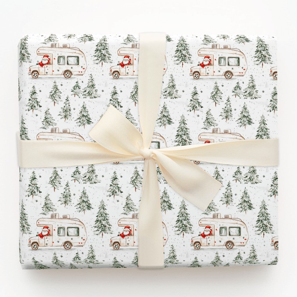 RV Road Trip Christmas Gift Wrap, Santa Camper Wrapping Paper, Watercolor Pine Forest Wrapping Paper