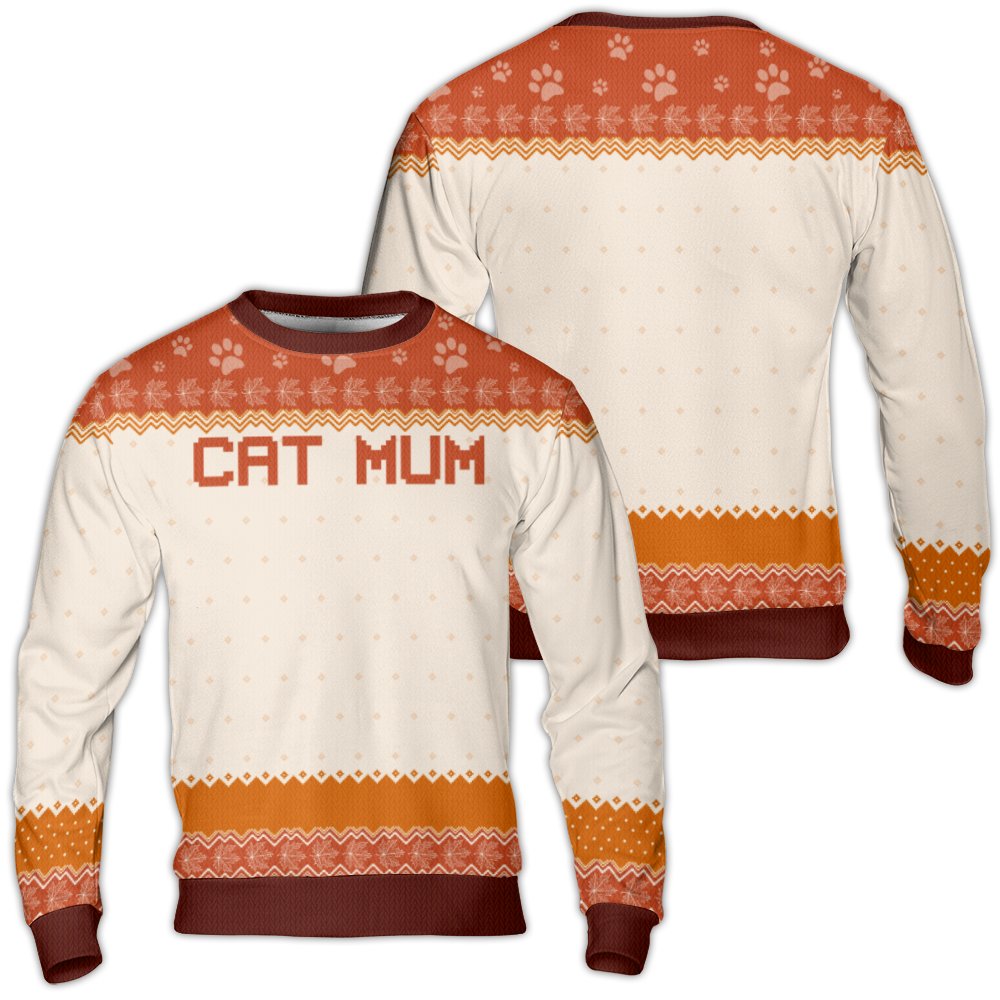 Autumn Paw Print Knit Fleece Pullover, Cat Mum Ugly Christmas Sweater, Festive Kitty Lover Holiday Sweatshirt, Cat Mom Presen