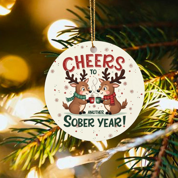Reindeer Recovery Christmas Ornament, Cheers to Another Sober Year Ceramic Ornament, Sobriety Milestone Keepsake Ornament for
