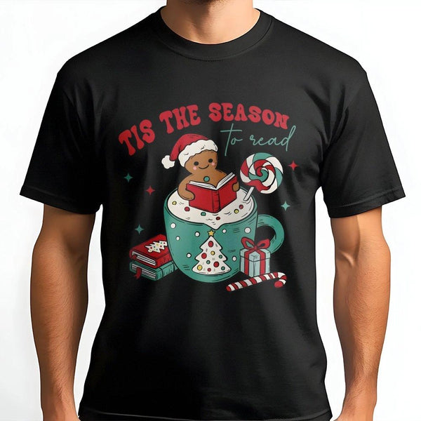 Gingerbread Man Book Lover Christmas Tee, Tis the Season to Read T-Shirt, Adorable Bookish Holiday Shirt, Bookworm Reader Gra
