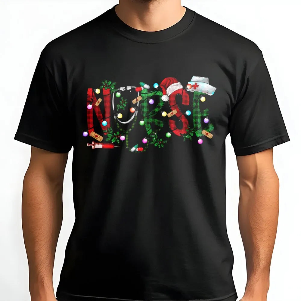 Holiday Medical Graphic Tee, Buffalo Plaid Christmas Nurse T-Shirt, Humorous RN Christmas Shirt, Nursing Student Tee, Healthc