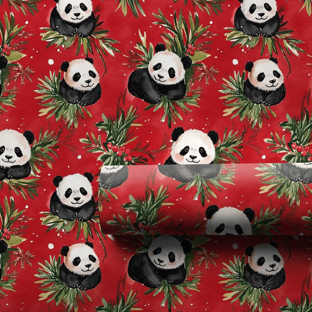 Holly and Berry Gift Wrap, Christmas Panda Bear Wrapping Paper, Red Holiday Wrapping Paper, Adorable Animal Lover Festive Gif