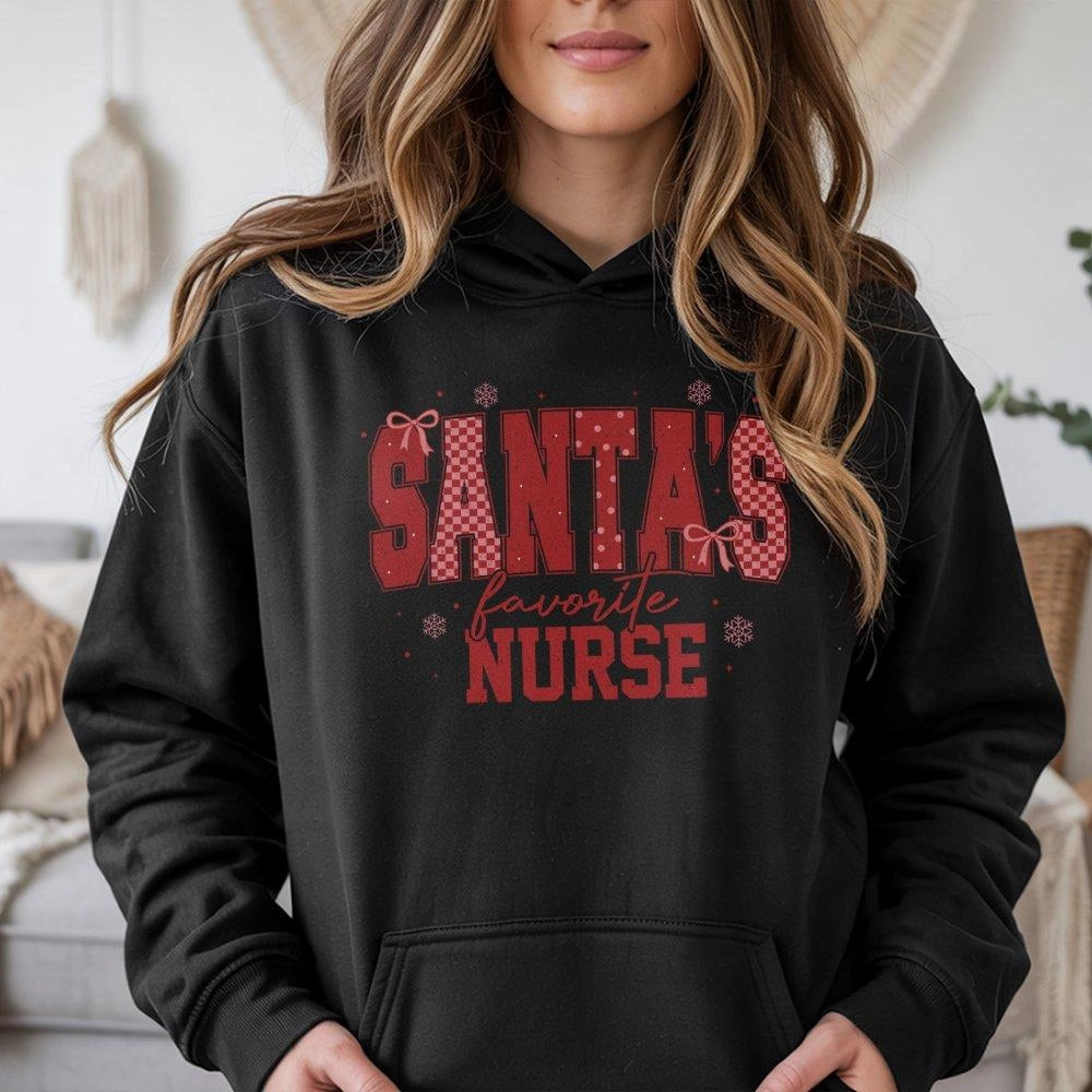 Festive Plaid Christmas Nurse Sweatshirt, Santa's Favorite Nurse Hoodie, Adorable RN Holiday Hooded Pullover, Humorous Nurse 