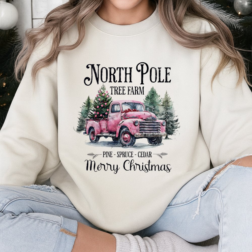 Pink Vintage Truck Christmas Crewneck, North Pole Tree Farm Sweatshirt, Coquette Holiday Tree Sweater, Adorable Winter Xmas P