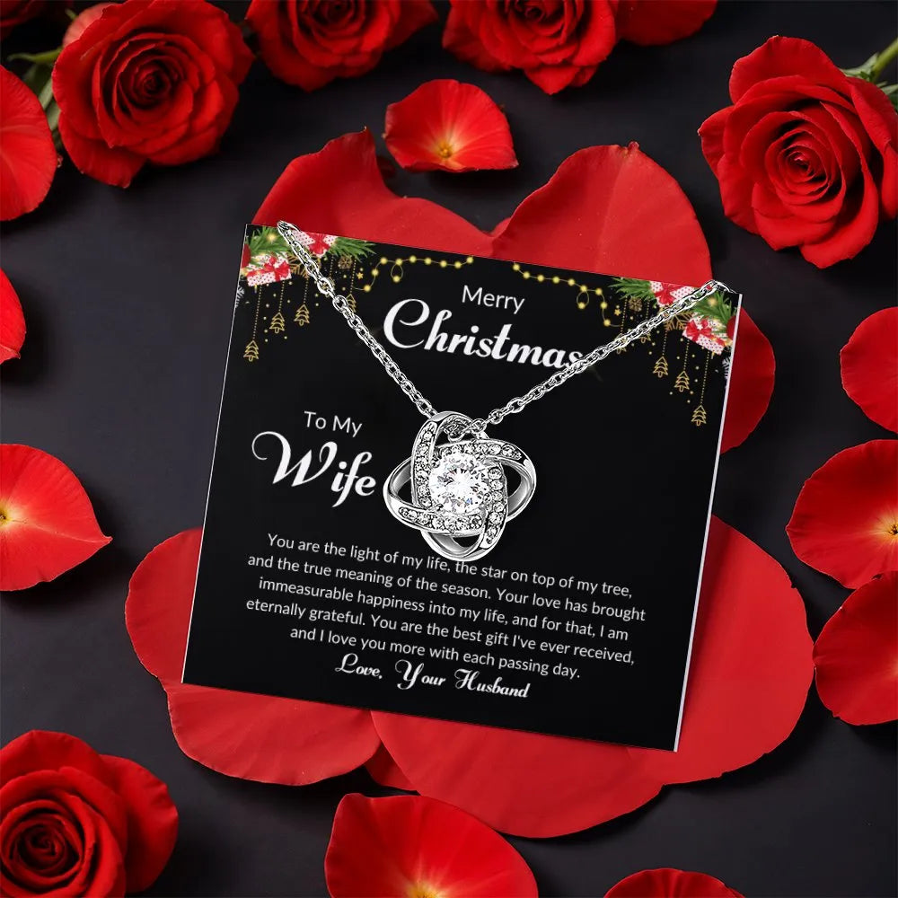 Rotating Rose Box Pendant, Wife Christmas Love Knot Necklace, Romantic Holiday Wife Necklace, CZ Crystal Love Knot Necklace, 