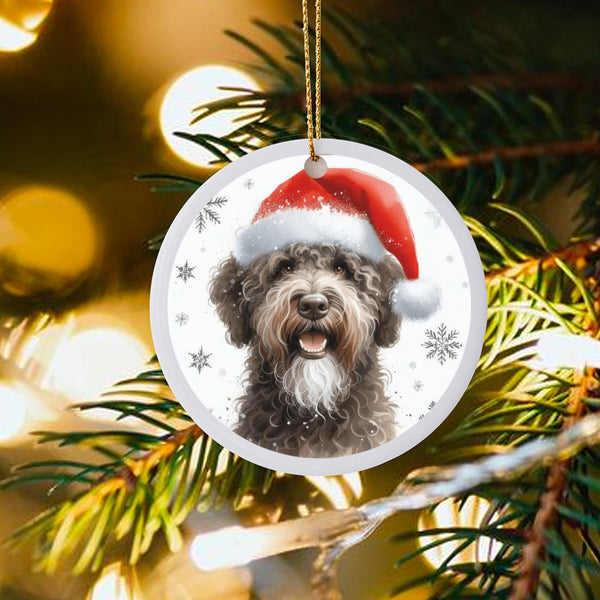 Santa Hat Doodle Puppy Tree Keepsake, Bernedoodle Christmas Ceramic Ornament, Dog Lover Holiday Tree Decor, Pet Xmas Present