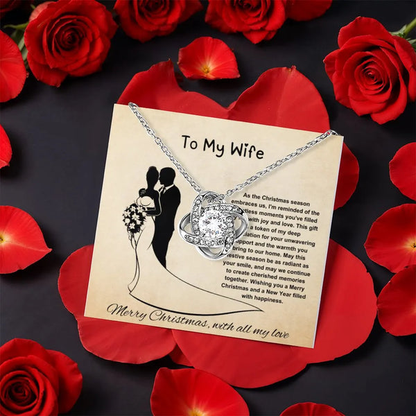 Christmas Rotating Rose Box Love Knot Pendant, Love Knot Necklace for Wife, CZ Crystal Love Knot Necklace, Romantic Holiday P