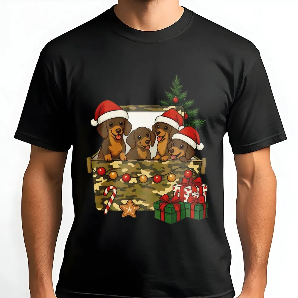 Wiener Dog Puppies Camo Box Shirt, Dachshund Christmas T-Shirt, Adorable Dog Lover Holiday Tee, Winter Puppy Graphic T-Shirt