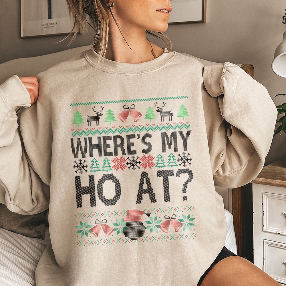 Humorous Christmas Party Crewneck, Where's My Ho at Sweatshirt, Matching Couples Holiday Pullover, Retro Xmas Humor Sweatshir