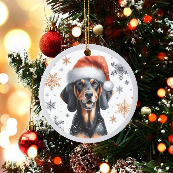 Santa Hat Dog Ceramic Ornament, Black and Tan Coonhound Christmas Ornament, Snowflake Puppy Tree Ornament, Dog Lover Holiday 
