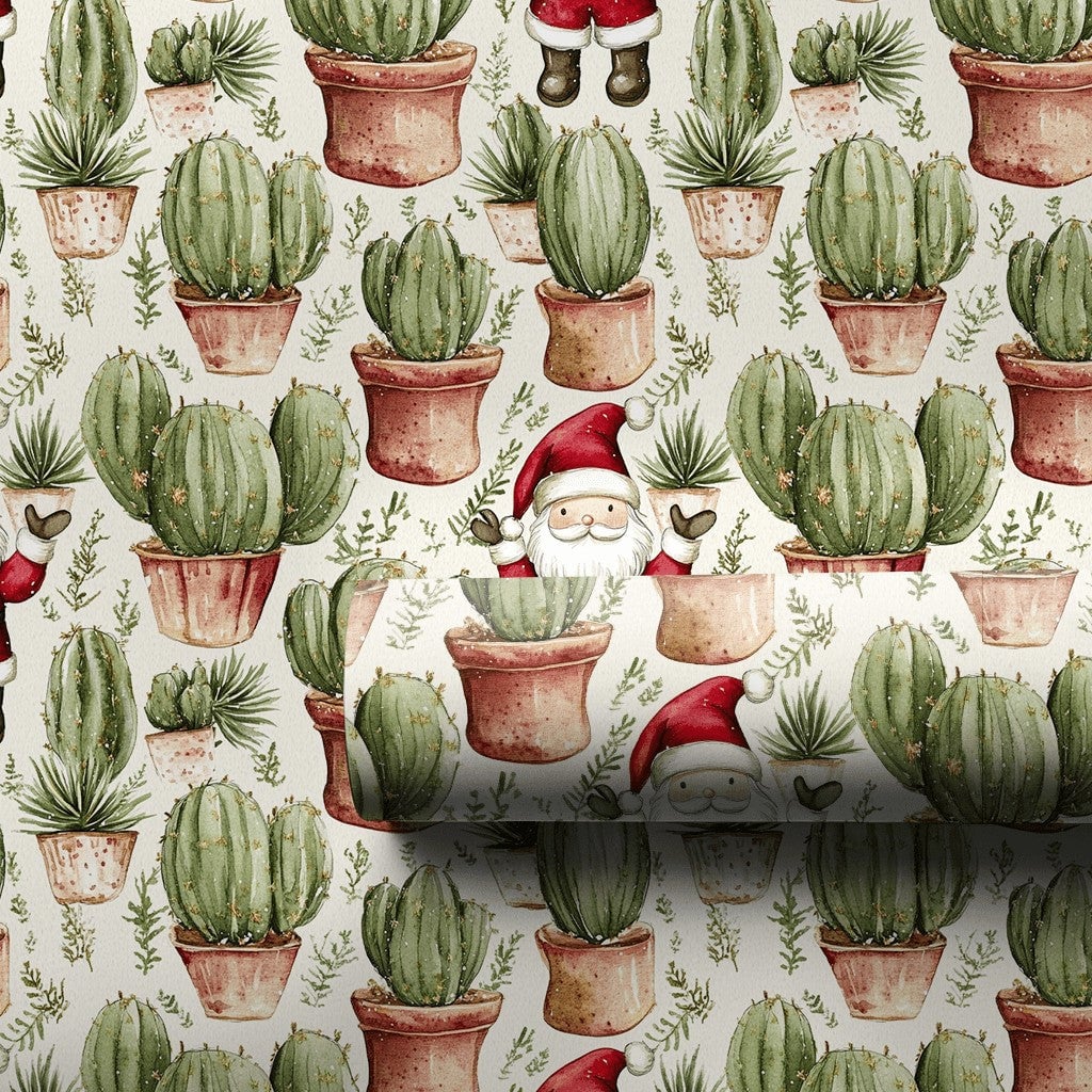 Desert Holiday Gift Wrap, Santa Cactus Christmas Wrapping Paper, Watercolor Succulent Present Paper, Festive Christmas Presen