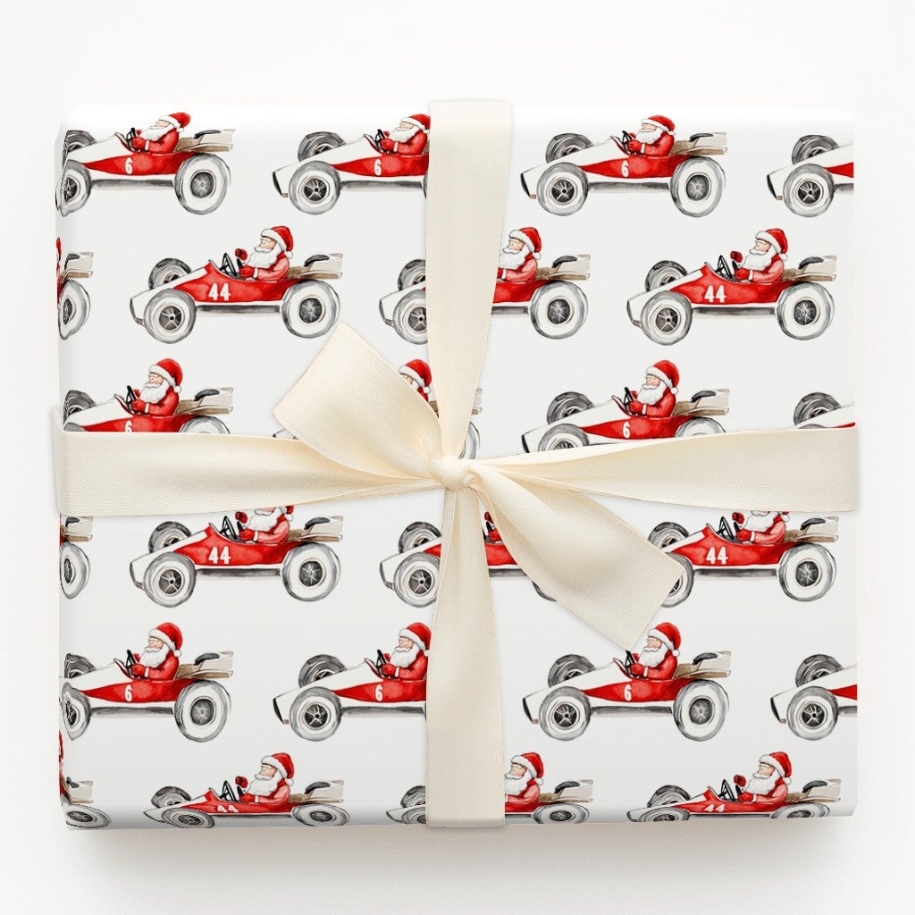 Number 6 and 44 Auto Racing Gift Wrap, Vintage Race Car Santa Wrapping Paper, Watercolor Motorsport Holiday Paper, Christmas 