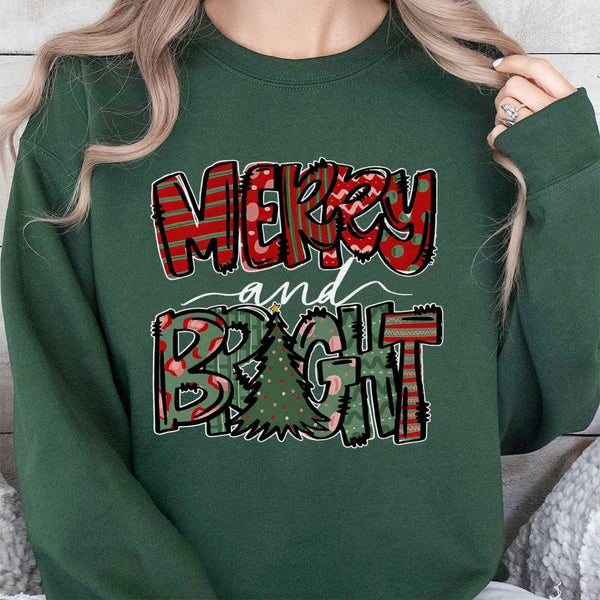Holiday Graphic Tree Sweater, Merry and Bright Christmas Sweatshirt, Festive Christmas Tree Crewneck, Comfy Winter Holiday Pu