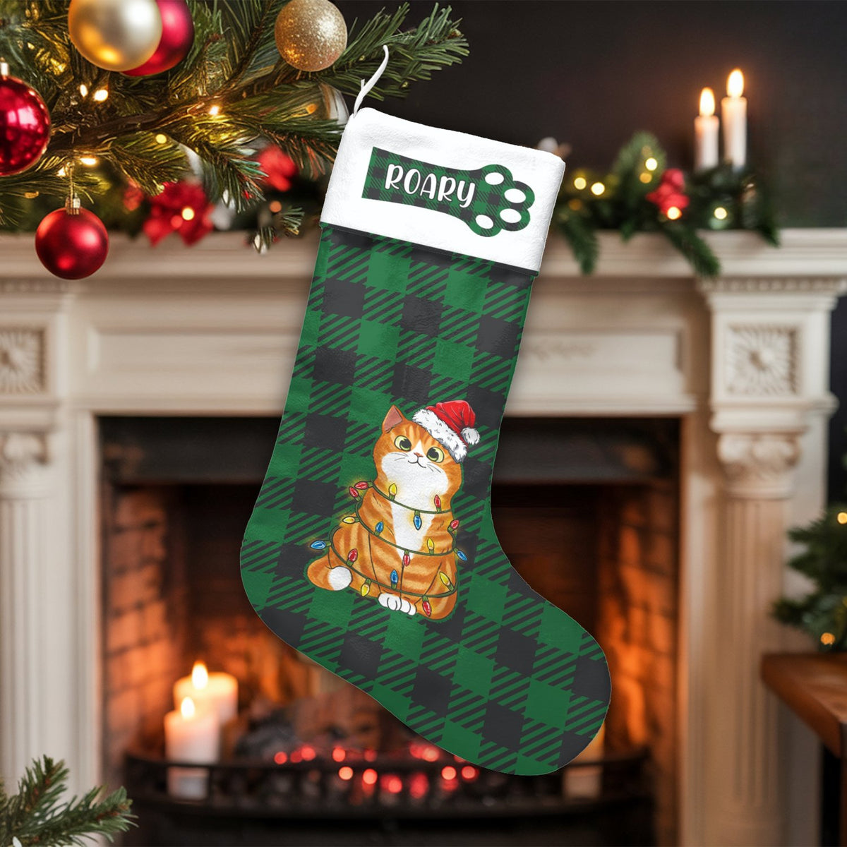 Kitten Tangled in Lights Stocking, Personalized Orange Cat Christmas Stocking, Humorous Pet Lover Holiday Stocking, Fireplace