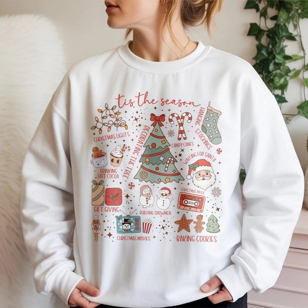 Holiday Icons Xmas Graphic Sweater, Tis the Season Christmas Sweatshirt, Comfy Winter Crewneck Pullover, Festive Holiday Seas