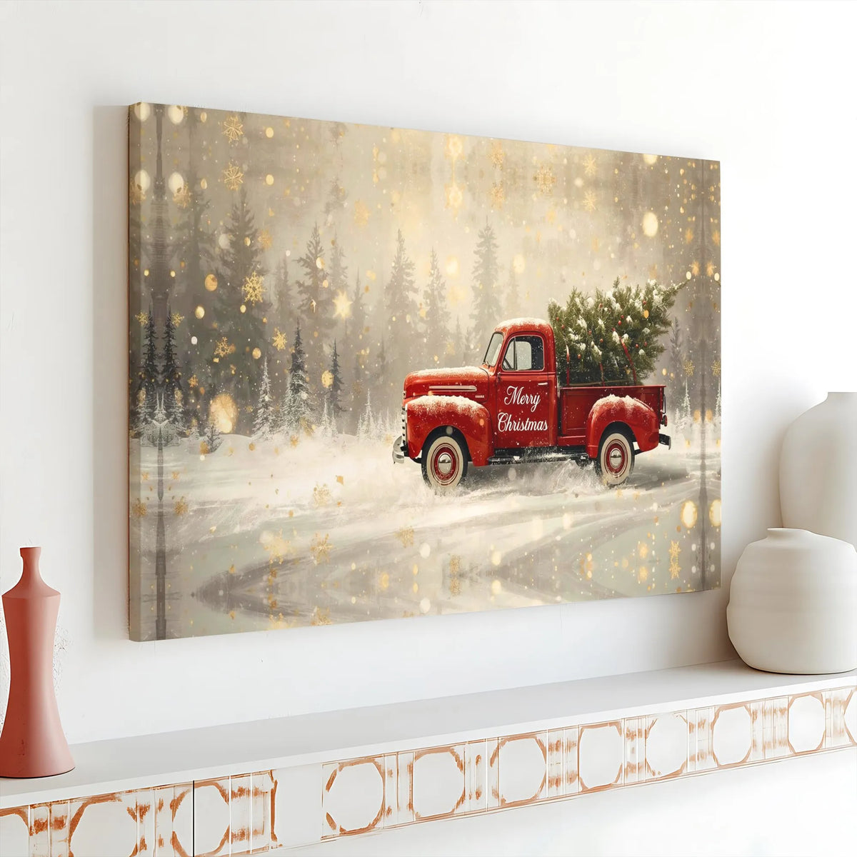 Snowy Winter Forest Tree Canvas Printable, Christmas Red Truck Digital Download, Rustic Farmhouse Xmas Wall Decor, Holiday Ar