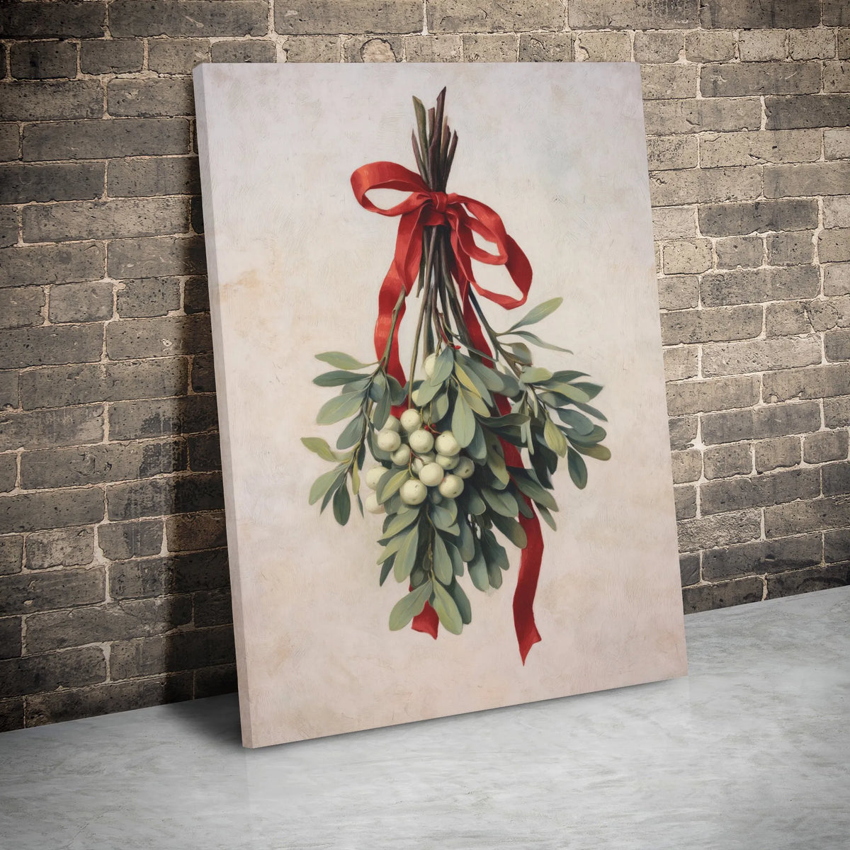 Christmas Botanical Print with Red Ribbon, Vintage Mistletoe Wall Art, Festive Holiday Poster, Digital Download Winter Wall D