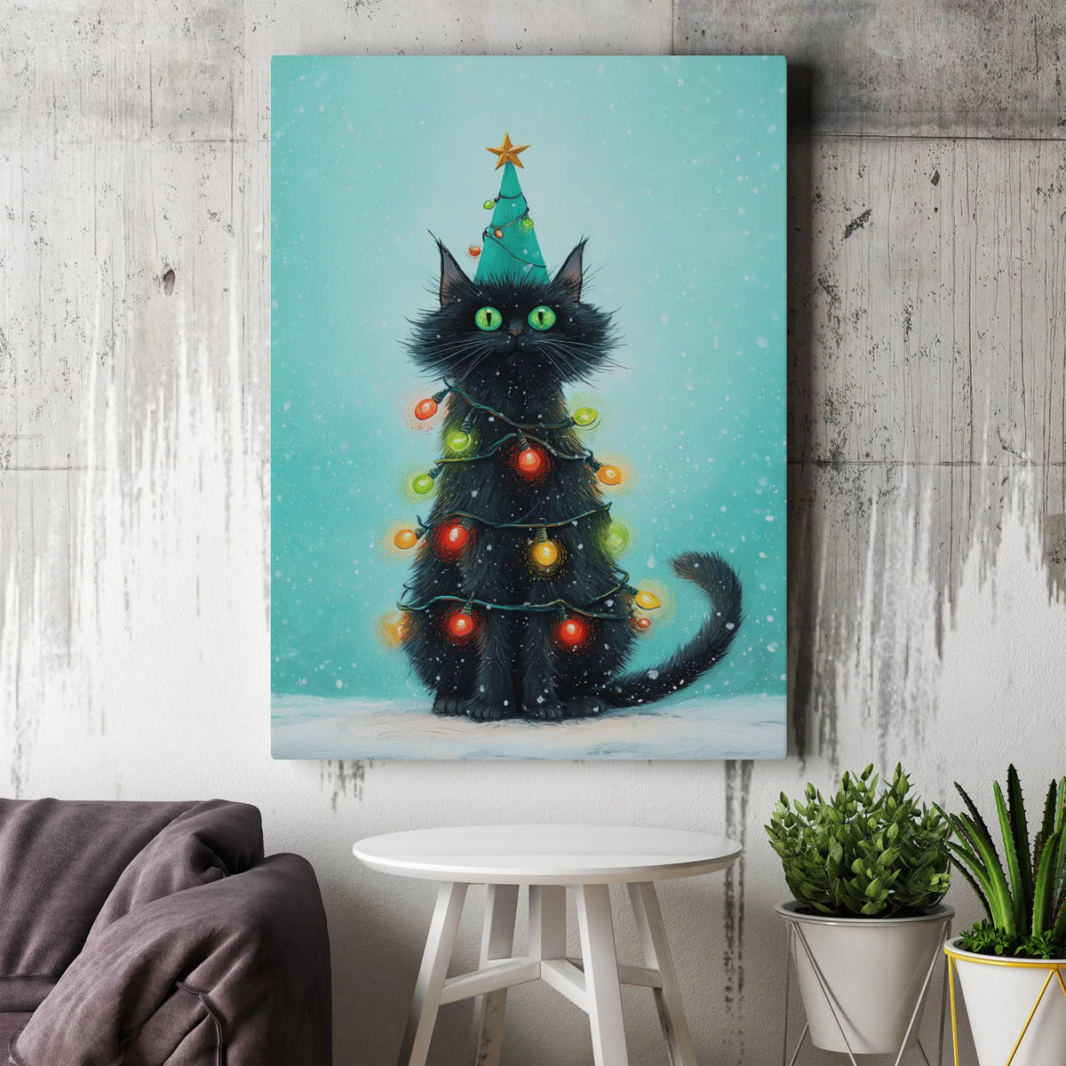 Whimsical Holiday Kitten Wall Art, Black Cat Christmas Tree Canvas, Festive Seasonal Cat Tree Print, Adorable Xmas Cat Lover 