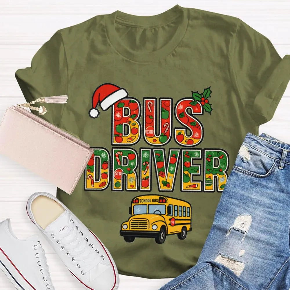 Santa Hat Bus Driver Graphic Tee, School Bus Driver Christmas T-Shirt, Humorous Holiday Driver Shirt, Transportation Staff Xm