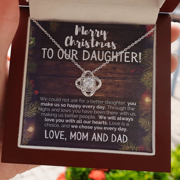 14k White Gold Over Steel Pendant, Daughter Christmas Love Knot Necklace, Holiday Daughter Necklace from Mom and Dad, Christm