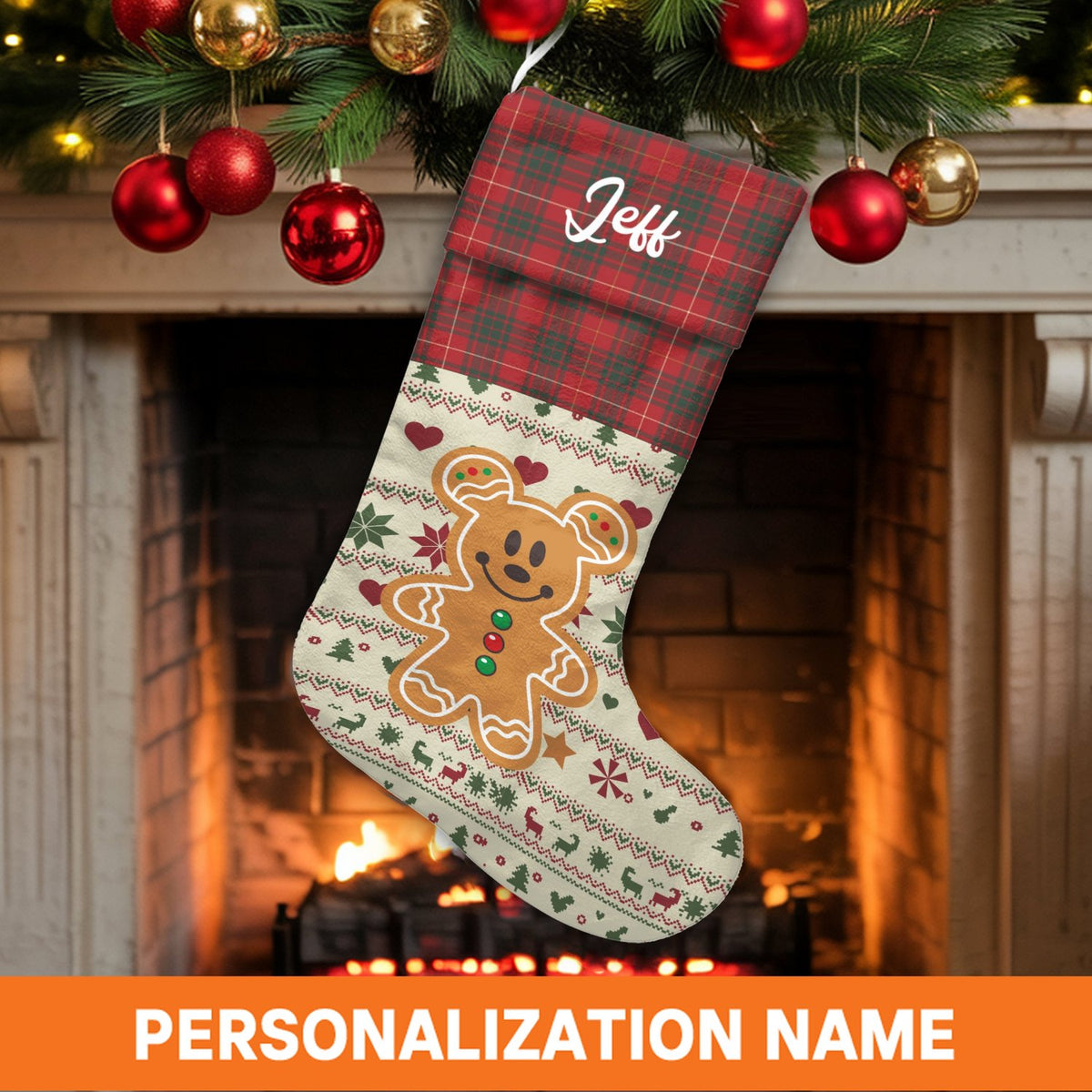 Red Plaid Cuff Holiday Stocking, Personalized Gingerbread Bear Christmas Stocking, Velboa Custom Christmas Stocking, Comfy Fa