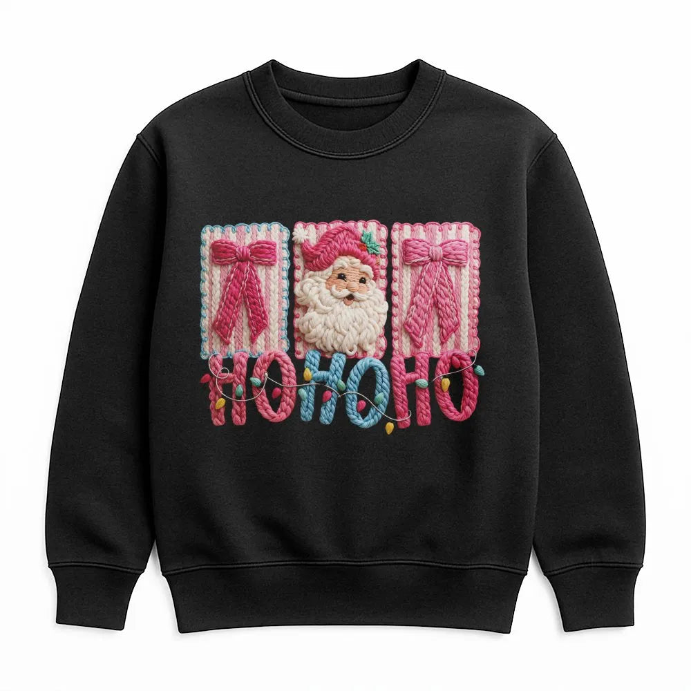 Faux Yarn Crochet Effect Crewneck, Santa Claus Christmas Sweatshirt, Retro Holiday Graphic Sweater, Comfy Winter Xmas Apparel