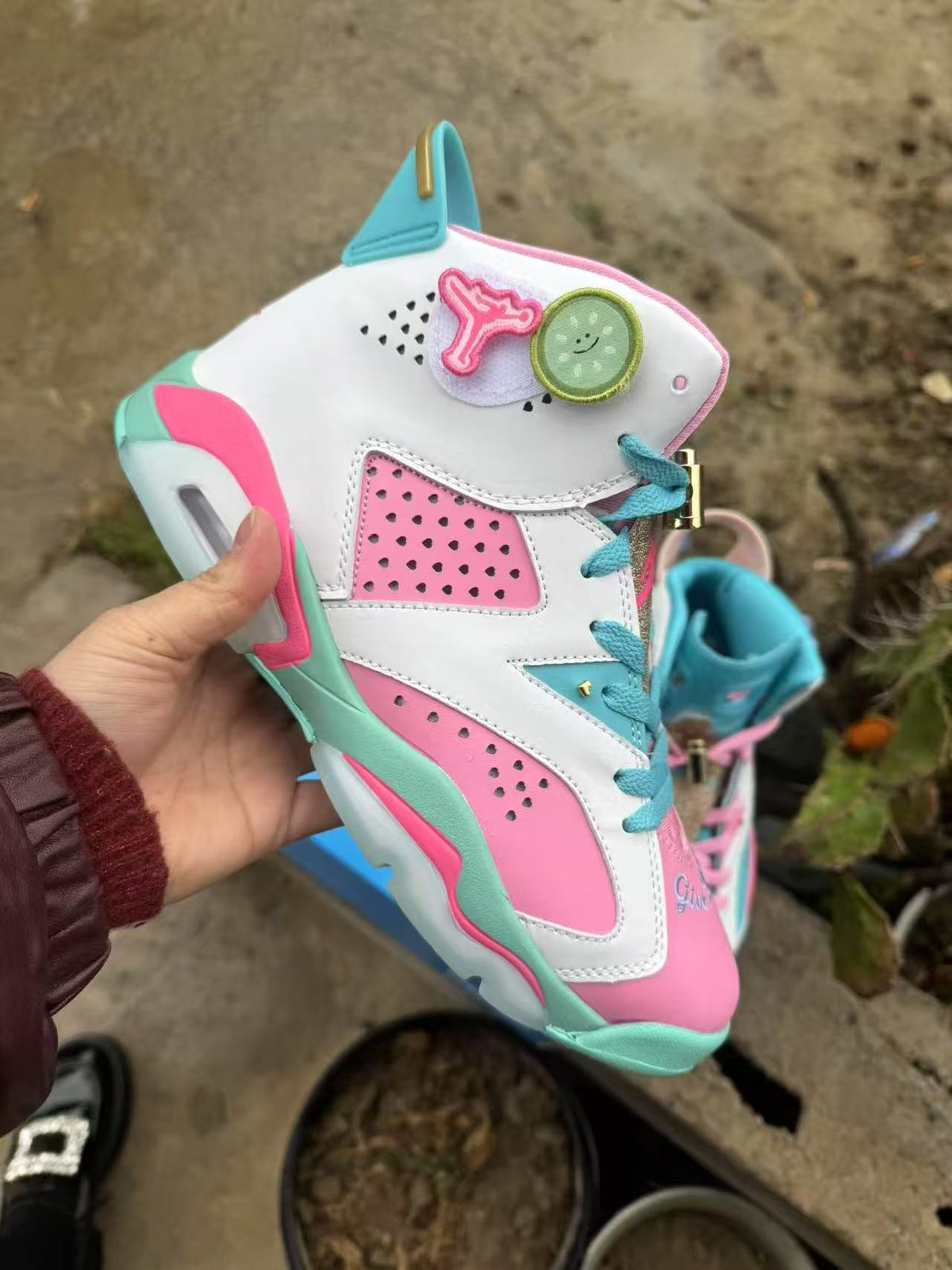 High Top Sneakers, White Pink Green Colorway, Lace Up Design, Casual Gift for Sneaker Fans