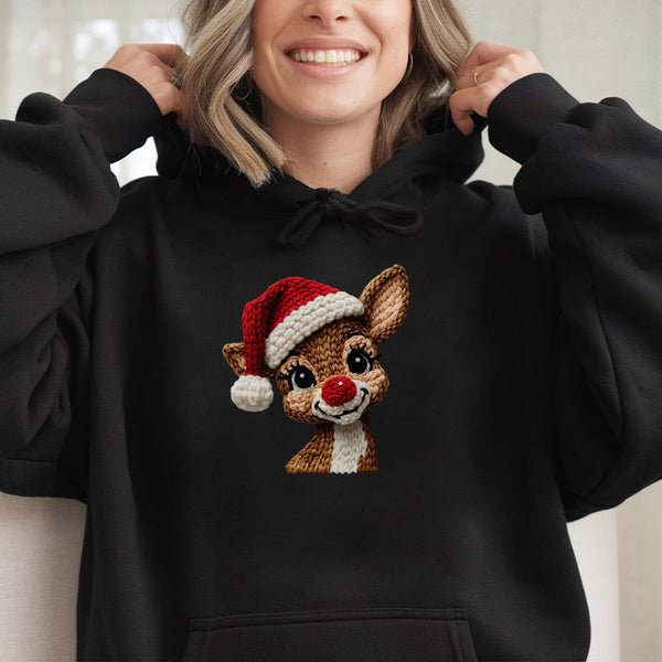 Faux Knitted Yarn Deer Sweatshirt, Reindeer Christmas Hoodie, Adorable Xmas Graphic Hooded Pullover, Comfy Holiday Deer Hoodi