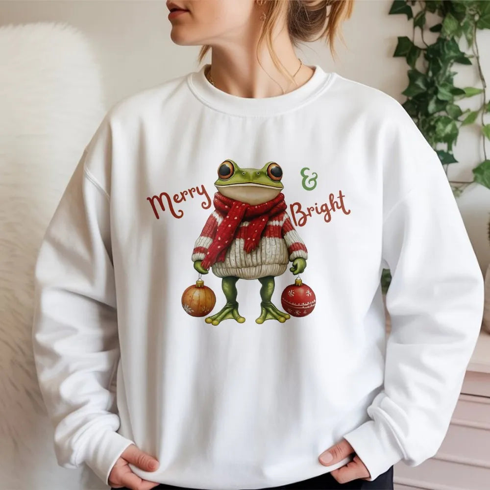 Humorous Christmas Frog Crewneck, Merry and Bright Frog Sweatshirt, Adorable Holiday Animal Sweater, Winter Frog Lover Pullov