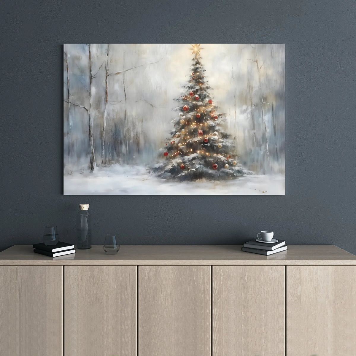Winter Pine Forest Landscape Print, Snowy Christmas Tree Canvas Wall Art, Holiday Farmhouse Decor, Digital Download Christmas