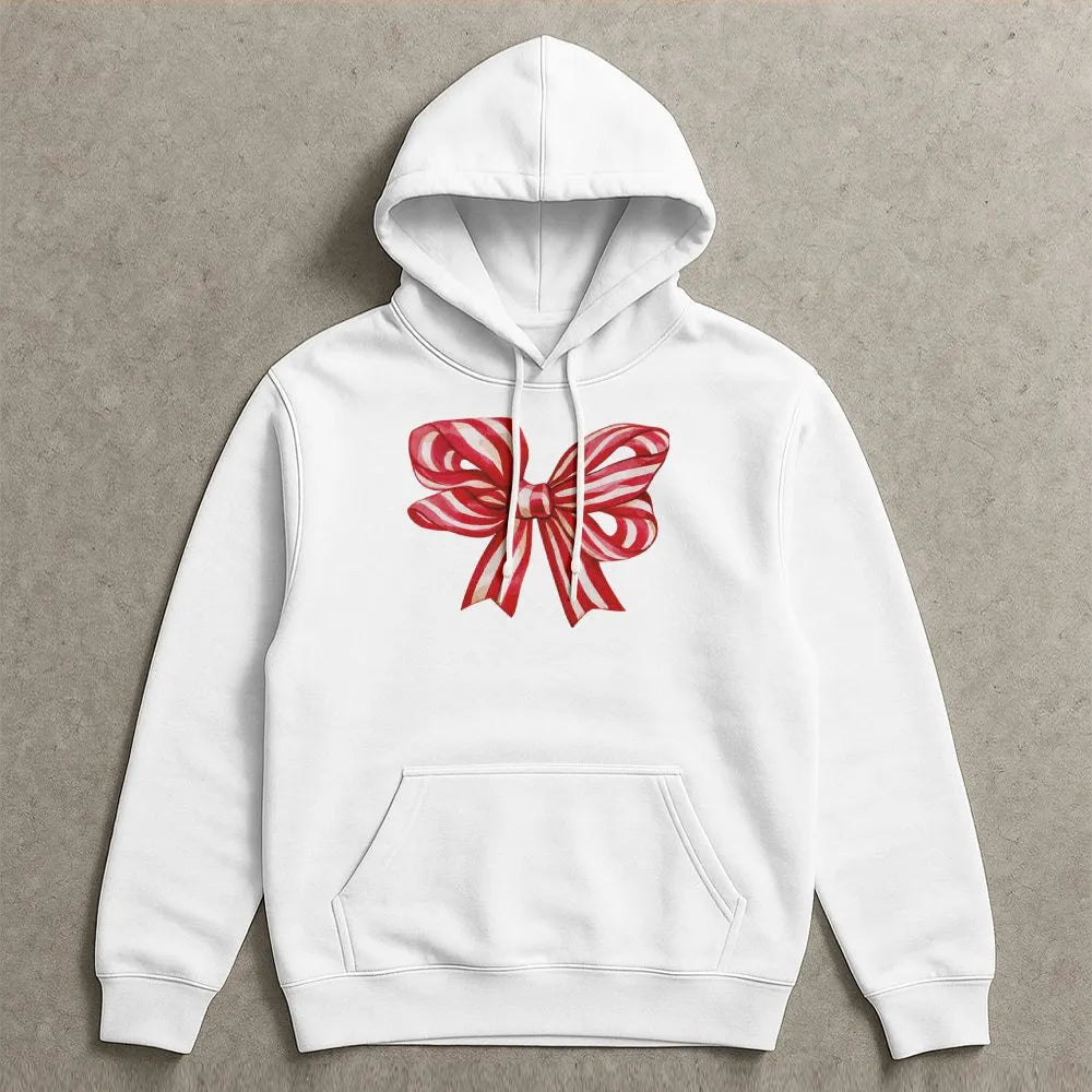 Red Striped Ribbon Sweatshirt, Christmas Bow Hoodie, Adorable Holiday Bow Hooded Pullover, Festive Christmas Graphic Hoodie, 