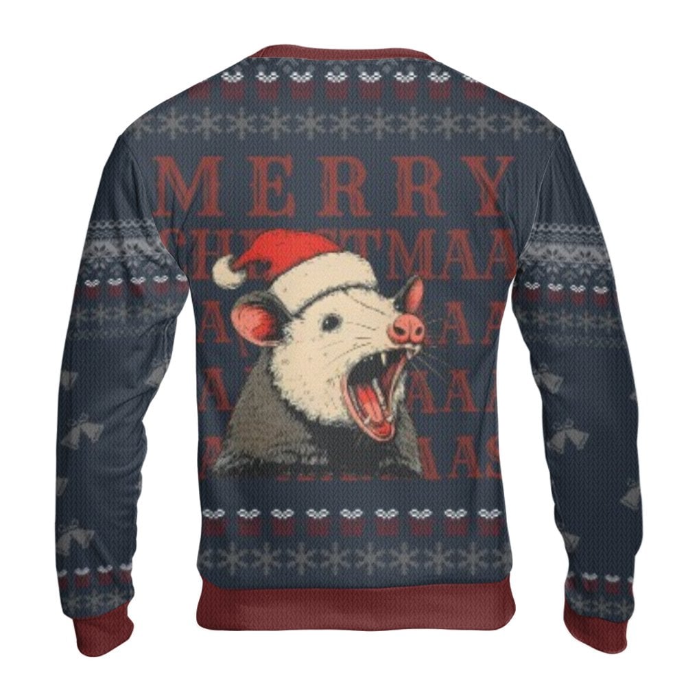 Humorous Trash Animal Holiday Crewneck, Screaming Possum Ugly Christmas Sweater, Sarcastic Possum Opossum Jumper, Xmas Humor 