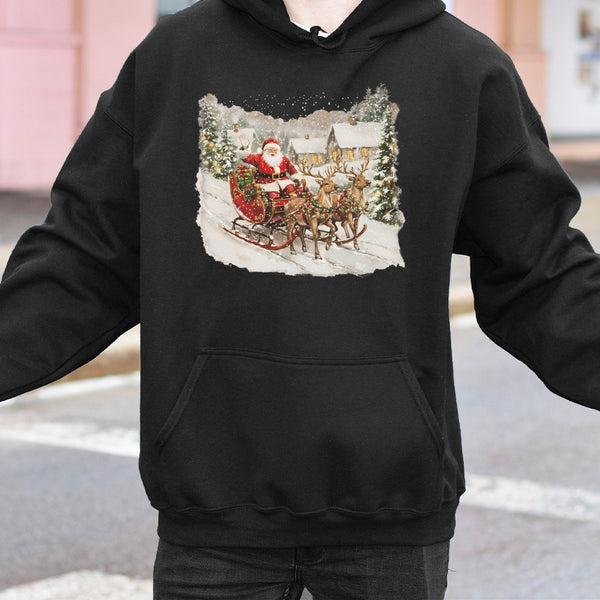 Retro Santa Reindeer Sleigh Hooded Sweatshirt, Vintage Santa Claus Hoodie, Comfy Christmas Hoodie, Winter Holiday Pullover, X