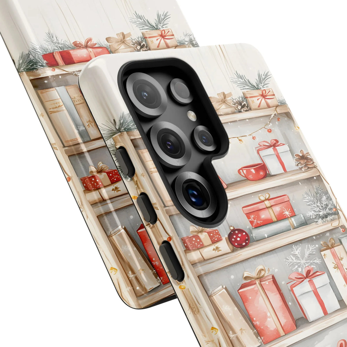 Watercolor Holiday Presents Phone Case, Christmas Shelf Phone Case Samsung Galaxy, Festive Ornaments Tough Phone Cover, Xmas 