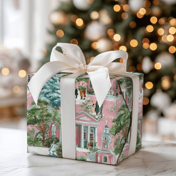 Snowy Winter Village Gift Wrap, Pink Christmas Wrapping Paper, Pastel Church Town Wrapping Paper, Retro Holiday Present Gift 