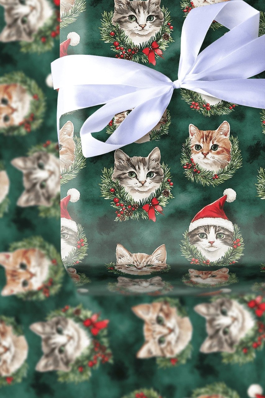 Santa Hat Kitten Gift Wrap, Christmas Cat Wrapping Paper, Holiday Wreath Cat Wrapping Paper, Festive Green Holiday Pet Lover 