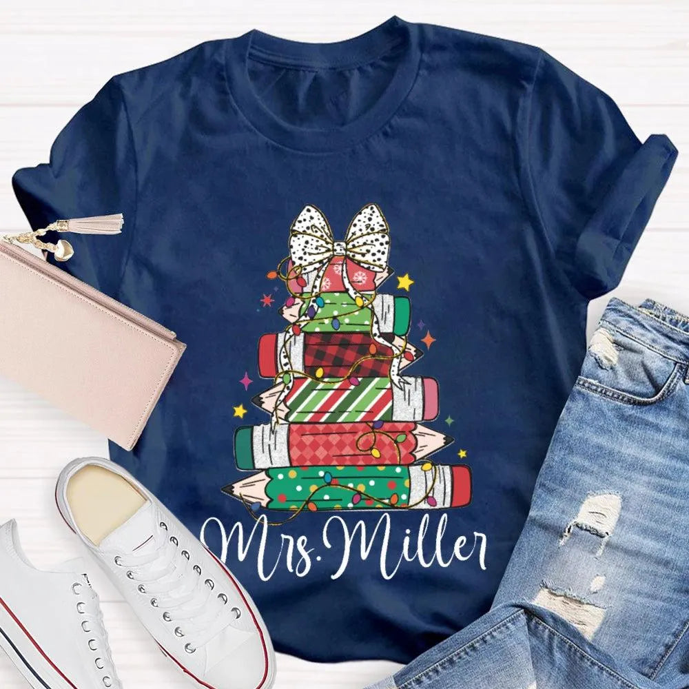 Colorful Crayons Bows Holiday Shirt, Personalized Christmas T-Shirt, Custom Name Kids Xmas Graphic Tee, Festive School Party 