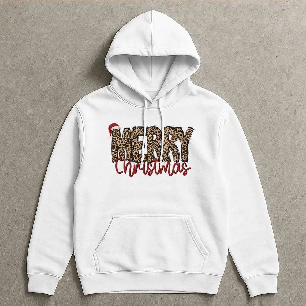 Festive Santa Hat Holiday Hoodie, Merry Christmas Leopard Print Hoodie, Adorable Animal Print Hooded Sweatshirt, Comfy Winter