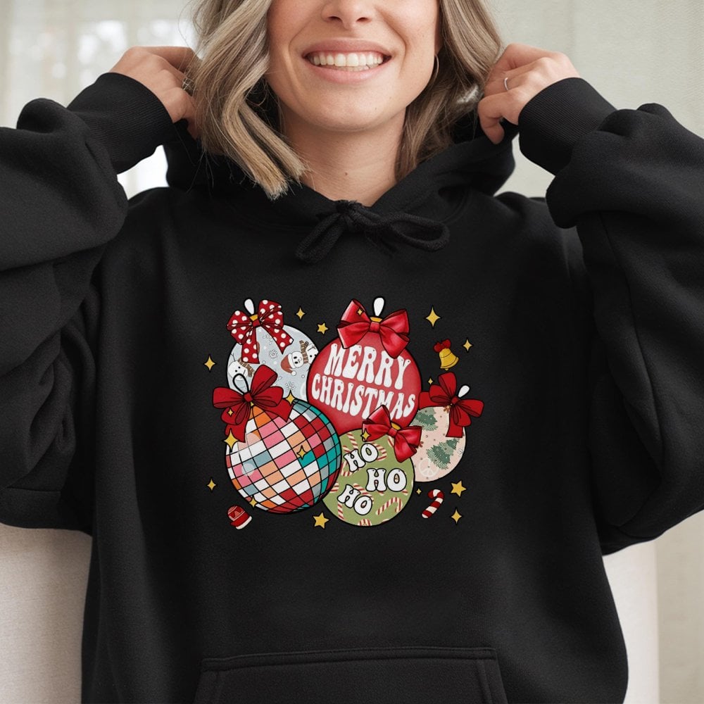 Disco Ball Bow Graphic Sweatshirt, Retro Christmas Ornaments Hoodie, Trendy Holiday Pullover, Pink Christmas Season Hooded To