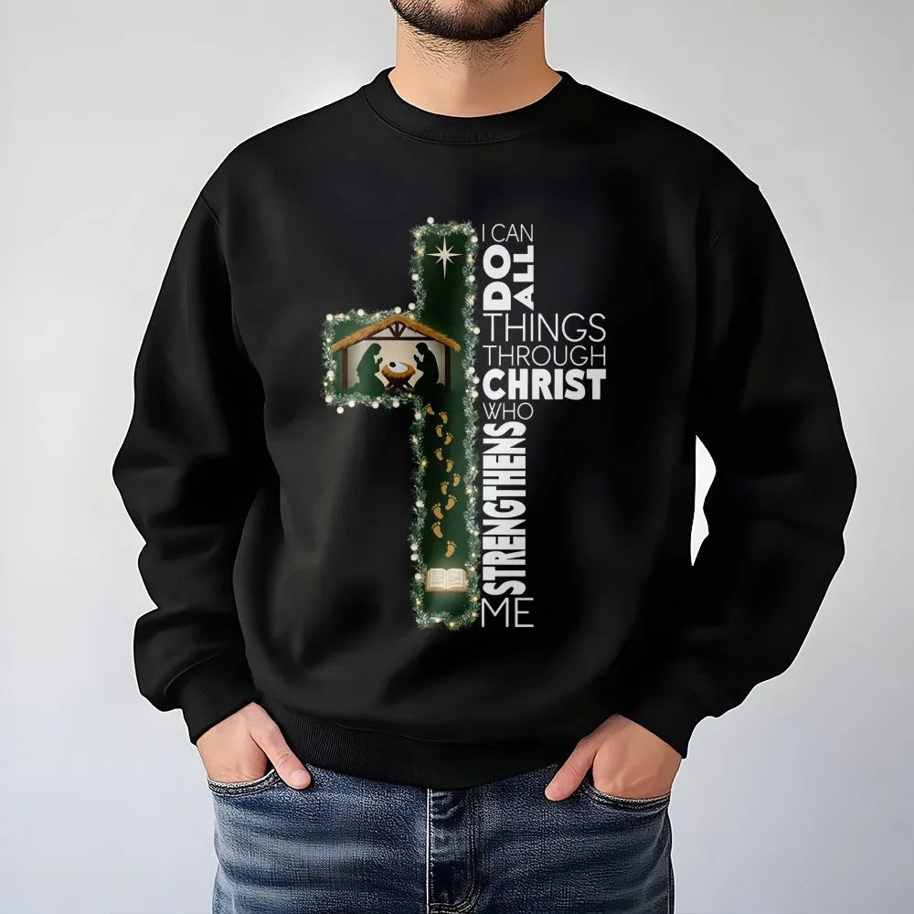Nativity Cross Sweatshirt, I Can Do All Things Through Christ Sweatshirt, Christian Bible Verse Crewneck, Faith Christmas Swe