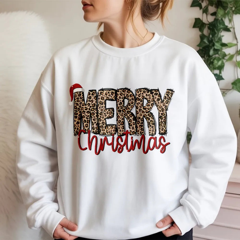 Santa Hat Holiday Crewneck, Merry Christmas Leopard Sweatshirt, Adorable Leopard Print Christmas Sweatshirt, Festive Winter P