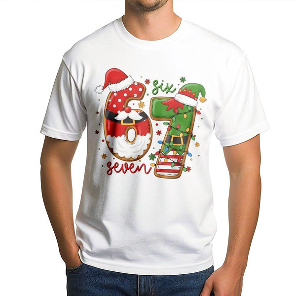 Humorous Santa and Elf Graphic Tee, Christmas Number 67 T-Shirt, Retro Holiday 67 Shirt, Xmas Birthday Party Tee for Him Her
