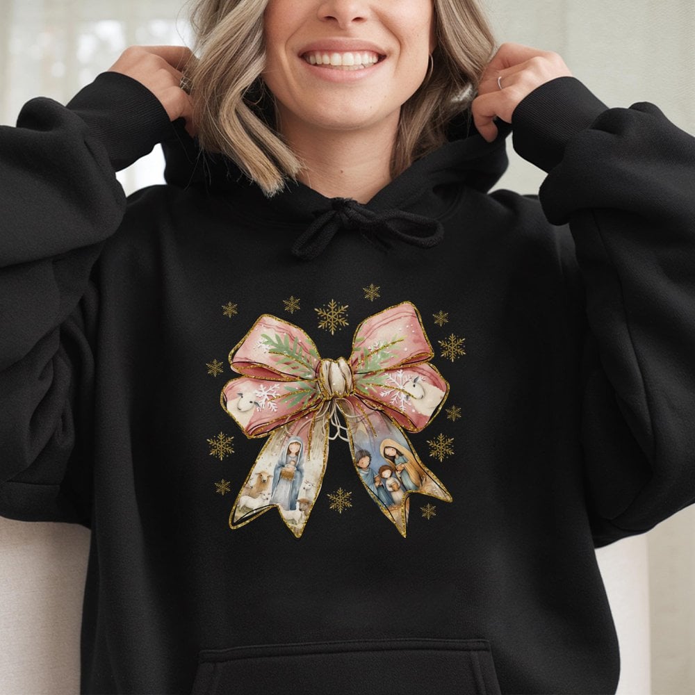 Coquette Bow Christian Holiday Sweatshirt, Nativity Scene Christmas Hoodie, Faith Nativity Hooded Pullover, Jesus Xmas Presen