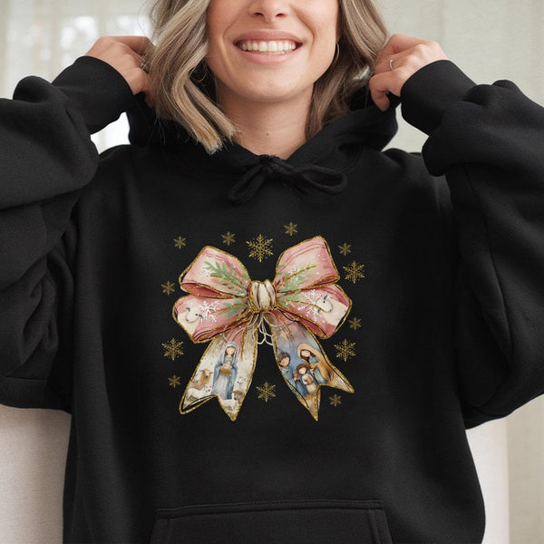 Coquette Bow Christian Holiday Sweatshirt, Nativity Scene Christmas Hoodie, Faith Nativity Hooded Pullover, Jesus Xmas Presen