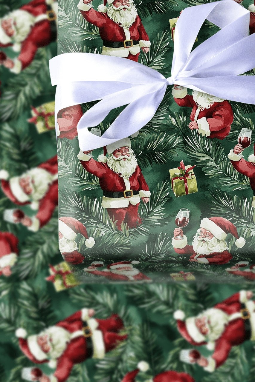 Humorous Wine Lover Gift Wrap, Santa Wine Toast Christmas Wrapping Paper, Holiday Santa Claus Wrapping Paper, Festive Pine Pr