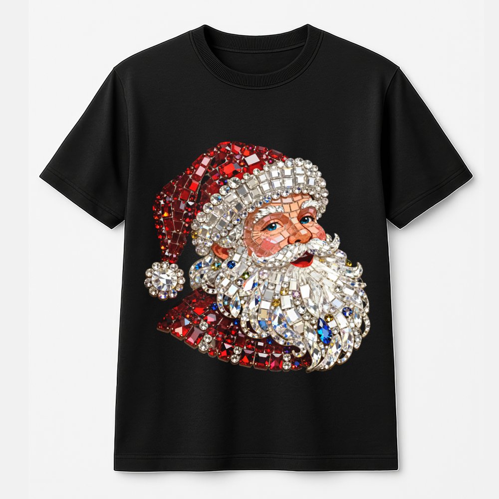 Mosaic Rhinestone Graphic Shirt, Sparkle Santa T-Shirt, Faux Glitter Christmas Tee, Festive Holiday Season Graphic T-Shirt He