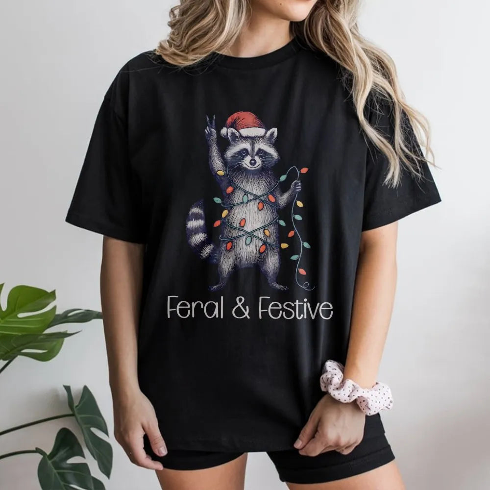 Humorous Trash Panda Xmas Shirt, Feral and Festive Raccoon Christmas T-Shirt, Retro Holiday Animal Graphic Tee, Adorable Racc